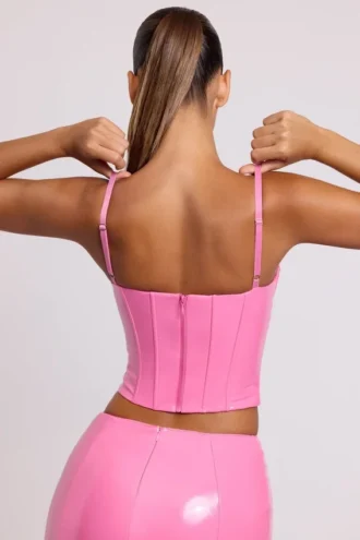 Cassandra vinylkorsett-crop-top med bygel i rosa