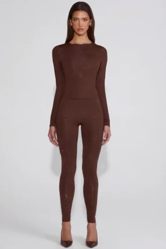 Cassie-leggings i chokladbrunt med dekorationer och hög midja