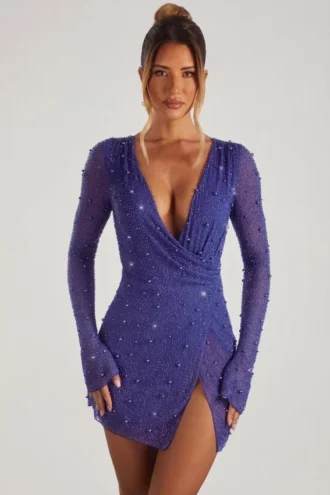 Chelsea Embellished Wrap Over A-Line miniklänning i mörkblått