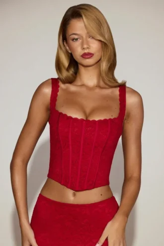 Cherith Lace Soft-Scoop Boned Corset Top i True Red
