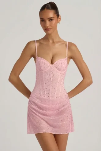 Connie halvgenomskinlig, dekorerad, draperad korsettklänning i rosa