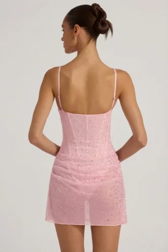Connie halvgenomskinlig, dekorerad, draperad korsettklänning i rosa