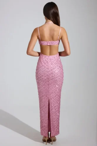 Constance maxiklänning med utsmyckad cowl-hals i rosa