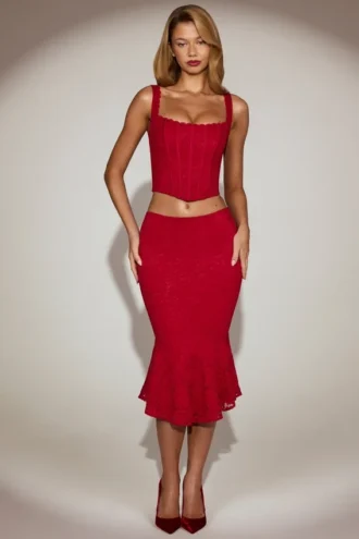 Coral Lace Mid-Rise Fluted Midi Kjolar i True Red