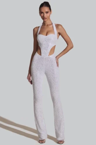 Coralena Embellished Cut-Out Jumpsuit i vitt