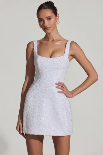 Dominique Embellished Structured A-Line Miniklänning i vitt