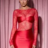 Eliette långärmad draperad bodycon-miniklänning med spetspaneler i rött