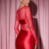 Eliette långärmad draperad bodycon-miniklänning med spetspaneler i rött