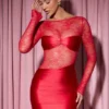 Eliette långärmad draperad bodycon-miniklänning med spetspaneler i rött