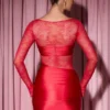 Eliette långärmad draperad bodycon-miniklänning med spetspaneler i rött