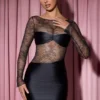 Eliette långärmad draperad bodycon-miniklänning med spetspaneler i svart