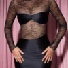 Eliette långärmad draperad bodycon-miniklänning med spetspaneler i svart