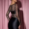 Eliette långärmad draperad bodycon-miniklänning med spetspaneler i svart