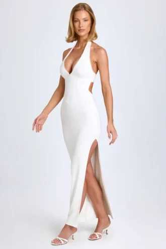 Elisana Modal Lace-Trim Halterneck Maxiklänning i vitt