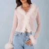 Elisia Feather Trim Sheer Top i Ivory