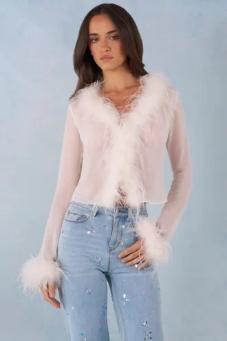 Elisia Feather Trim Sheer Top i Ivory