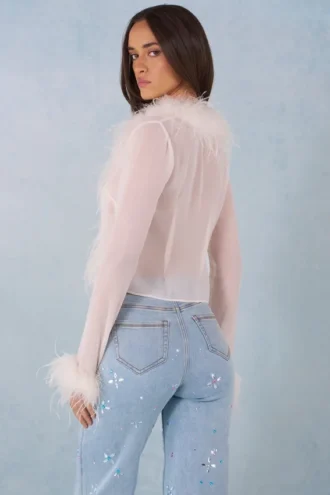 Elisia Feather Trim Sheer Top i Ivory