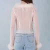 Elisia Feather Trim Sheer Top i Ivory