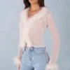 Elisia Feather Trim Sheer Top i Ivory