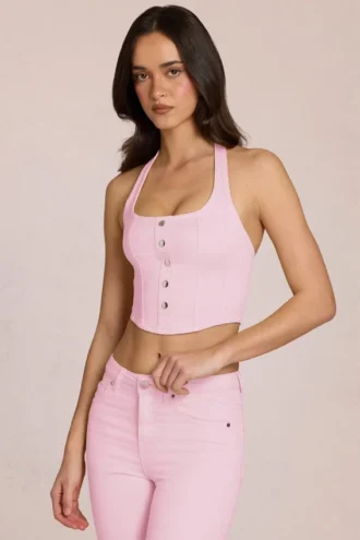 Elowis denimtop i halterneck-stil i Blossom Pink