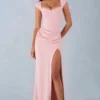 Elva Modal maxiklänning med hjärtformad halsringning och draperad midja i blushrosa