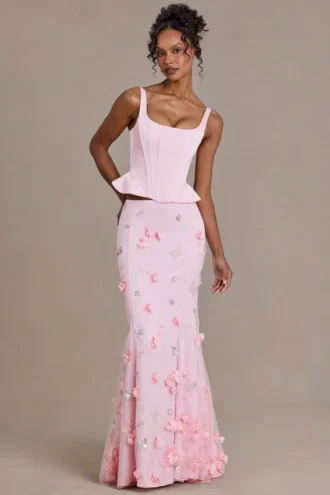 Elvira Premium Satin Lace-Up Corset Top i Baby Pink