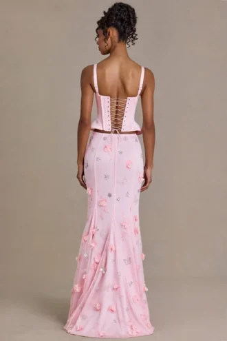 Elvira Premium Satin Lace-Up Corset Top i Baby Pink