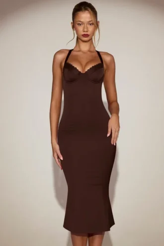 Elyra Satin Sweetheart Bustier Fishtail Midaxi-klänning i chokladbrunt