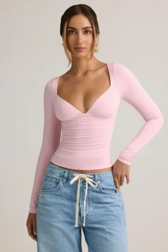 Emry Modal Ruched Long-Sleeve Top i Baby Pink