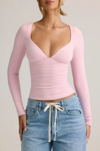 Emry Modal Ruched Long-Sleeve Top i Baby Pink