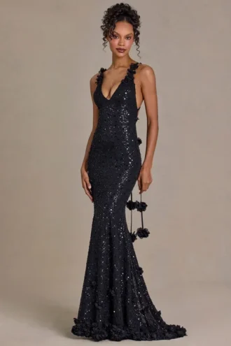 Etoile Embellished Plunge Open-Back Gown i svart