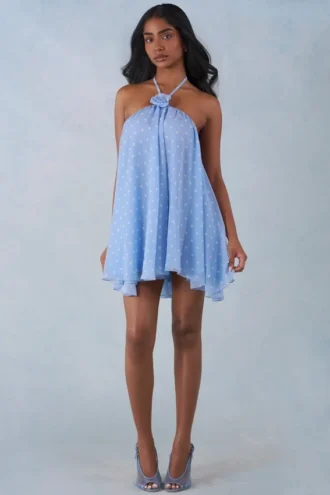 Evania halterneck babydoll-miniklänning i blått prickmönster