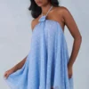 Evania halterneck babydoll-miniklänning i blått prickmönster