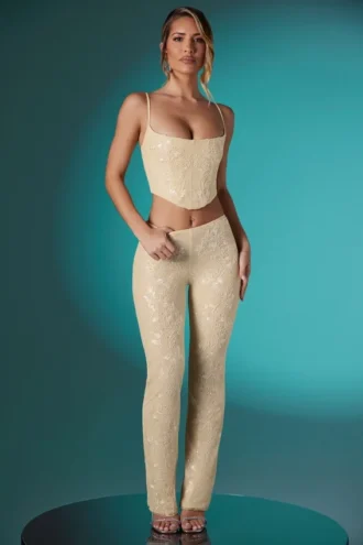 Fallon Petite Embellished Lace Low Rise Trousers i Ivory