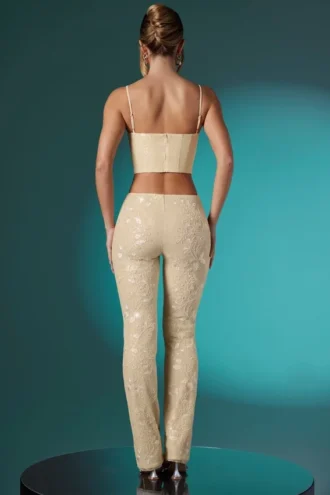 Fallon Petite Embellished Lace Low Rise Trousers i Ivory