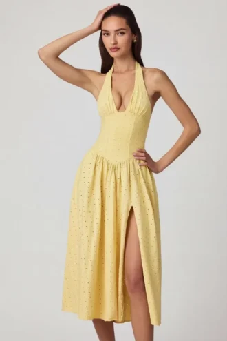 Farrah Modal Broderie Anglaise halterneck-klänning i citrongult