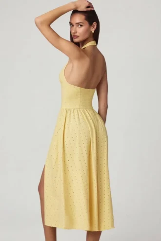 Farrah Modal Broderie Anglaise halterneck-klänning i citrongult