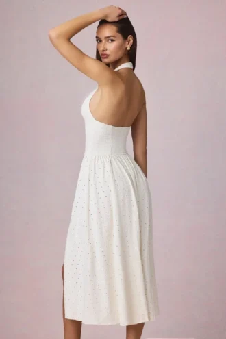 Farrah Modal Broderie Anglaise halterneck-klänning i midilängd i vitt