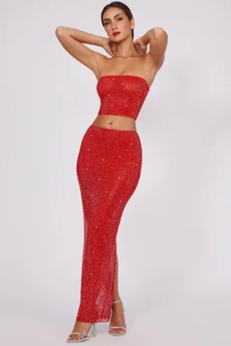 Fausta Embellished Mid Rise Maxi Kjolar i Fire Red