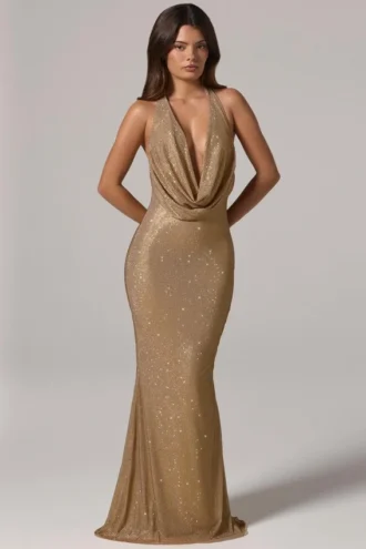 Feyre Embellished Cowl-Neck Backless Gown i guld