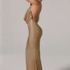 Feyre Embellished Cowl-Neck Backless Gown i guld