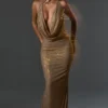 Feyre Embellished Cowl-Neck Backless Gown i guld