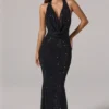 Feyre Embellished Cowl-Neck Backless Gown i svart