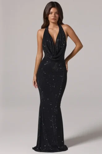 Feyre Embellished Cowl-Neck Backless Gown i svart