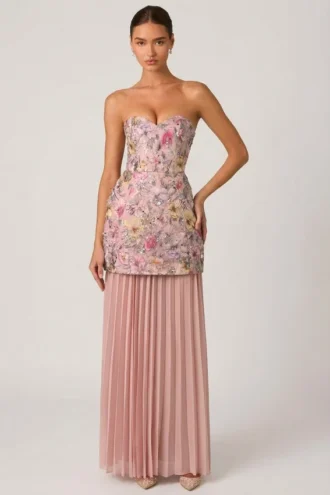 Galia Embellished Convertible Lace-Up Gown i blommigt rosa