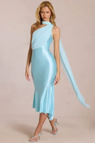 Giada Midaxi-klänning med scarf-detalj i mjuk aqua