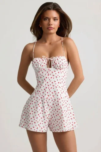 Helaia rynkad rygglös Playsuit i körsbärsmönster