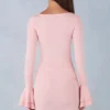 Helena ribbad modalklänning med långa ärmar och draperad miniklänning i blushrosa