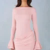 Helena ribbad modalklänning med långa ärmar och draperad miniklänning i blushrosa
