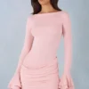 Helena ribbad modalklänning med långa ärmar och draperad miniklänning i blushrosa